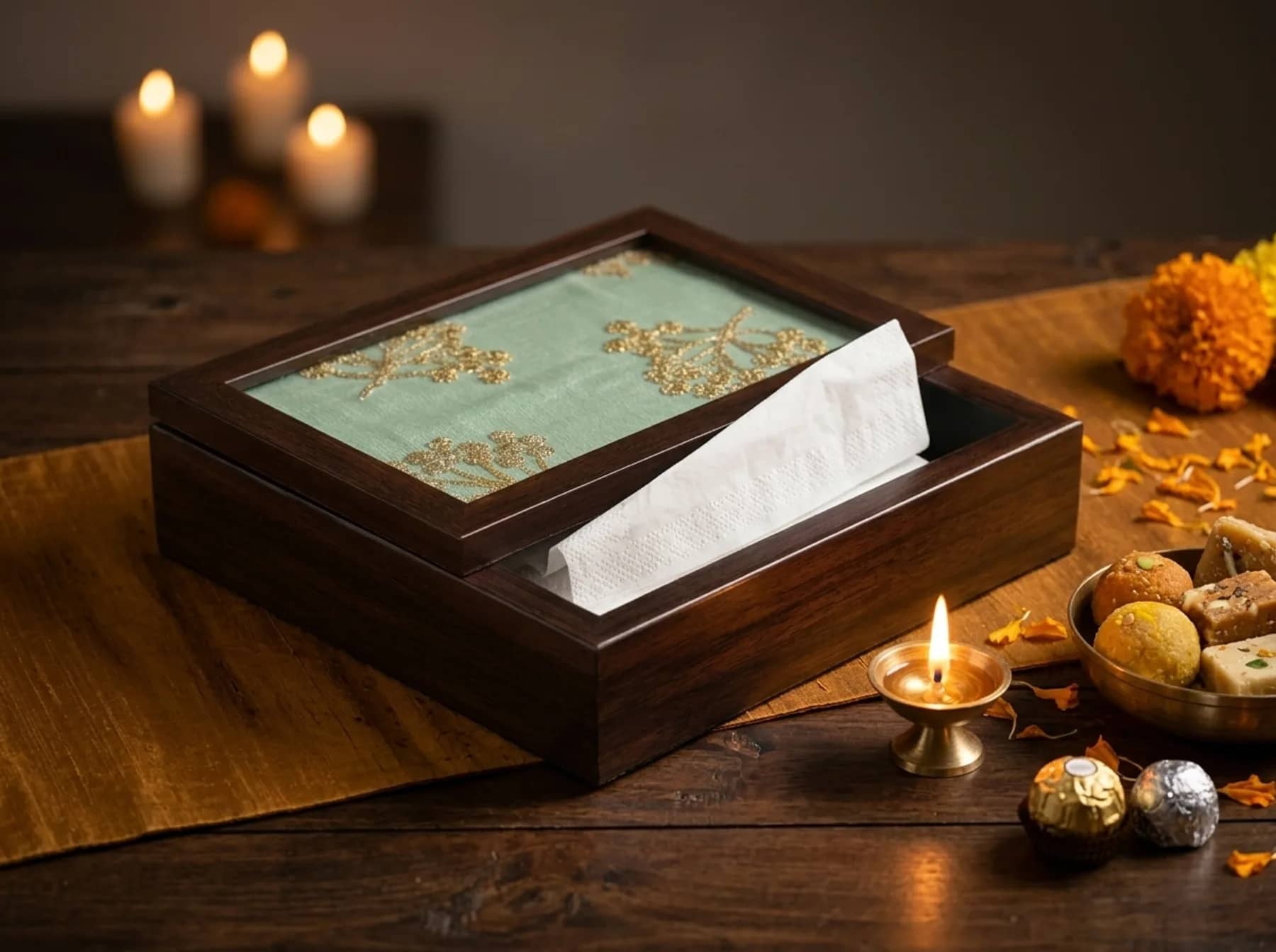 The Bahaar tissue box in celadon silk on a festive table