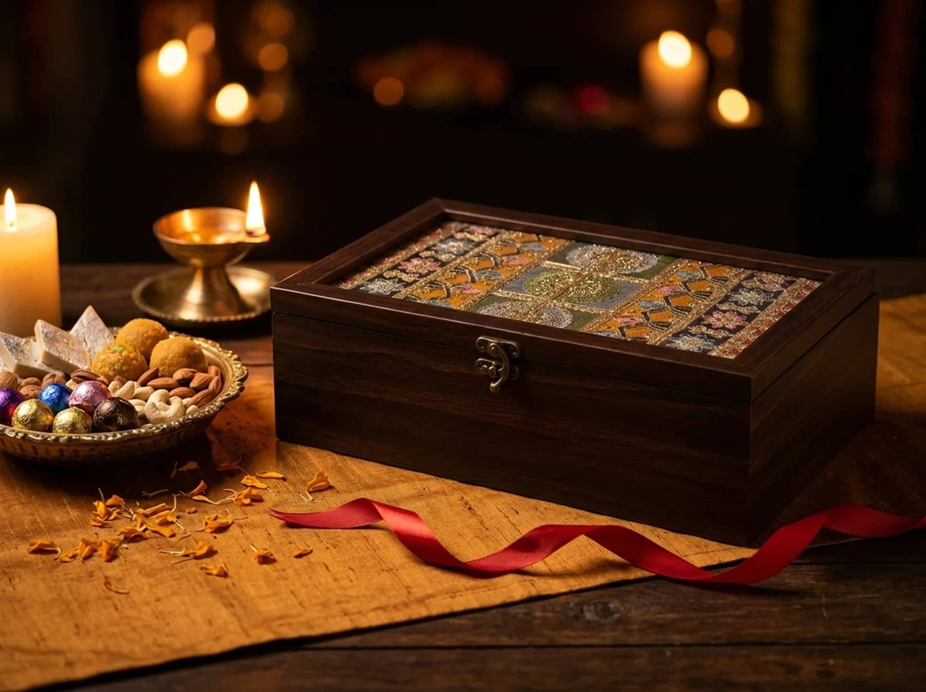 The Mela grand box in zardozi patchwork, ribboned for gifting