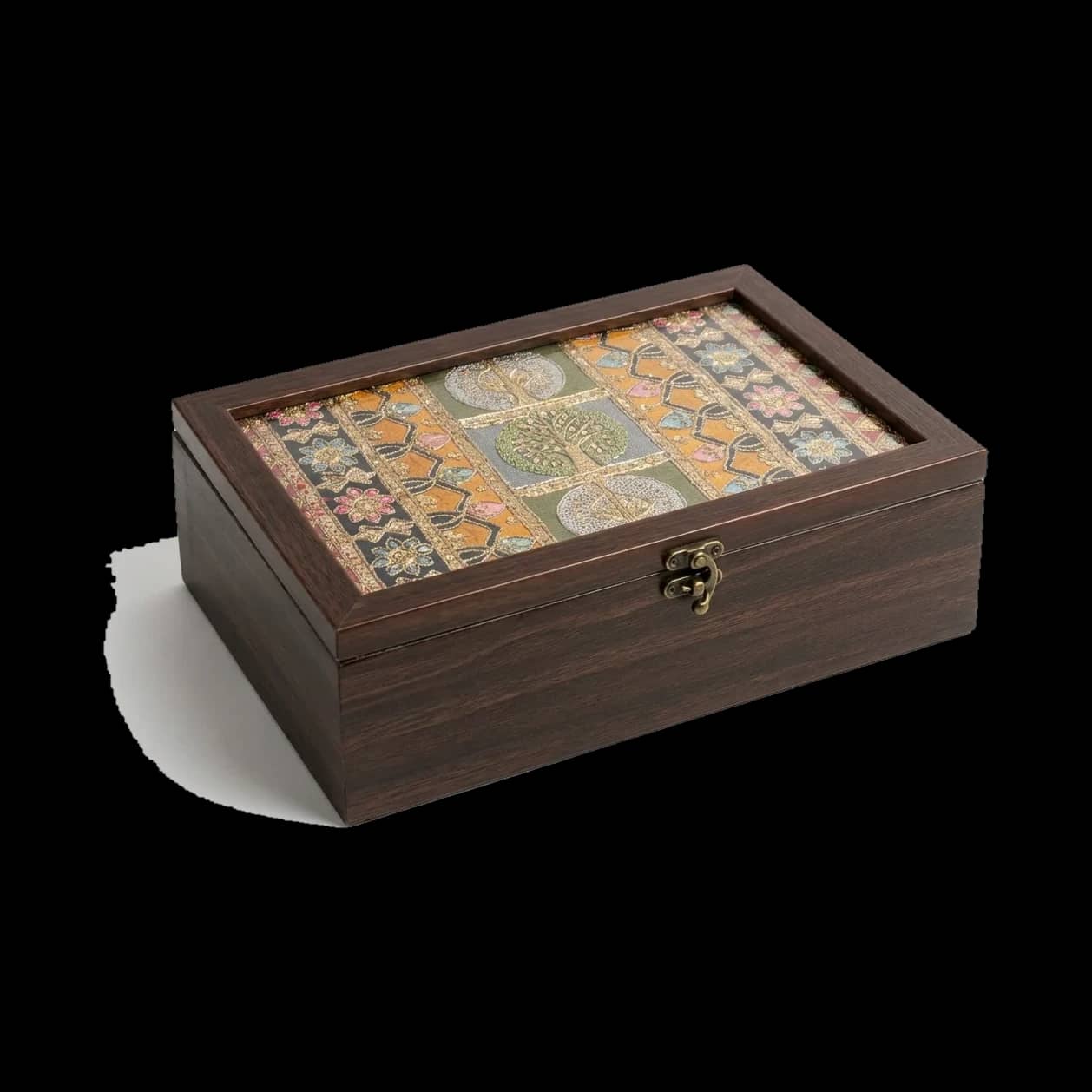 Mela — The festival collection. Bands of amber, olive and black stitched with sequin medallions; wine-velvet paisleys; miniatures that exist exactly once.