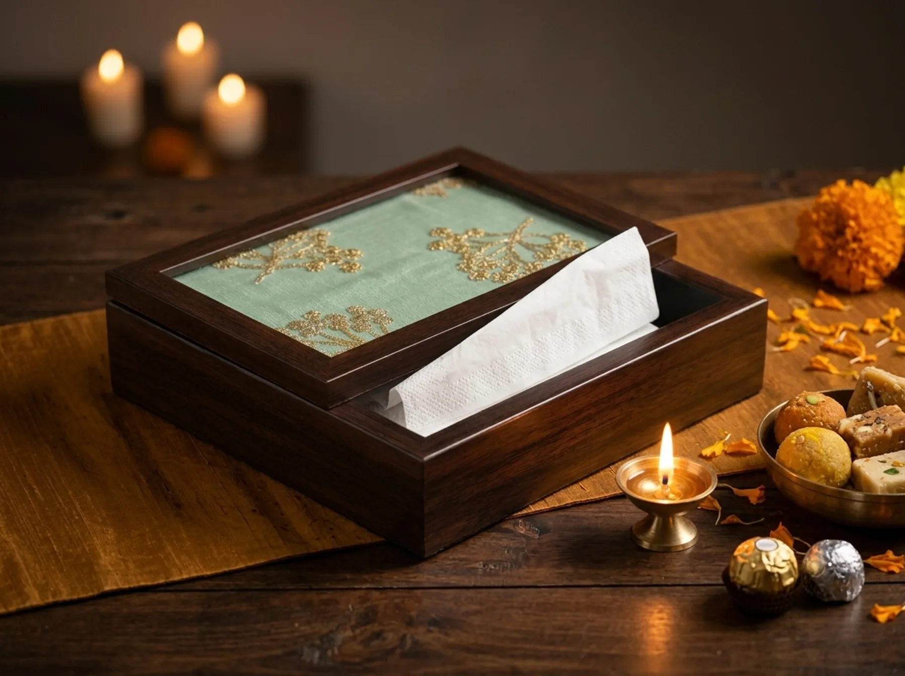 The Bahaar tissue box in celadon silk on a festive table