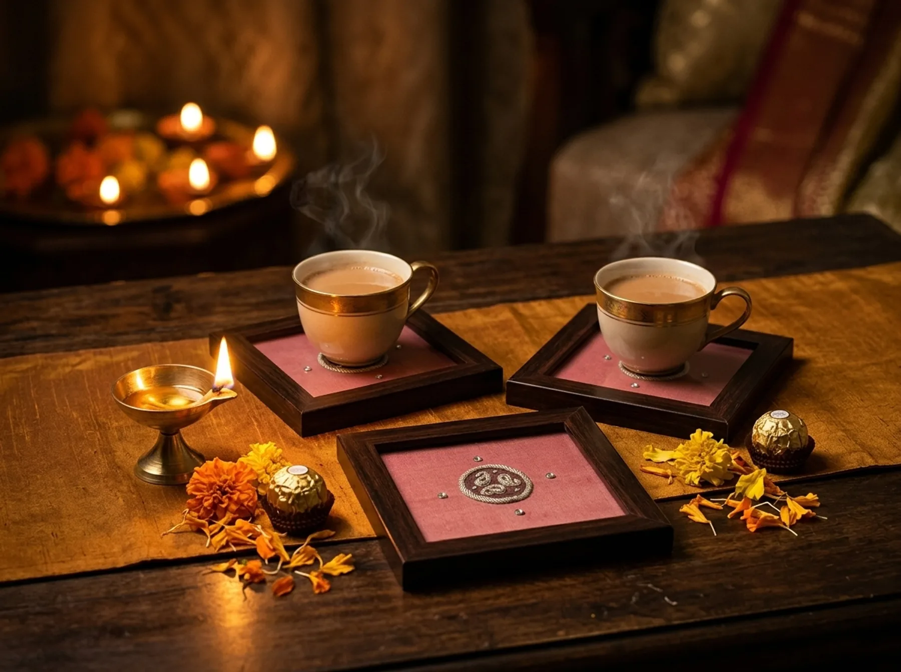 Gulabi coasters in rose silk and silver zardozi on a lit table