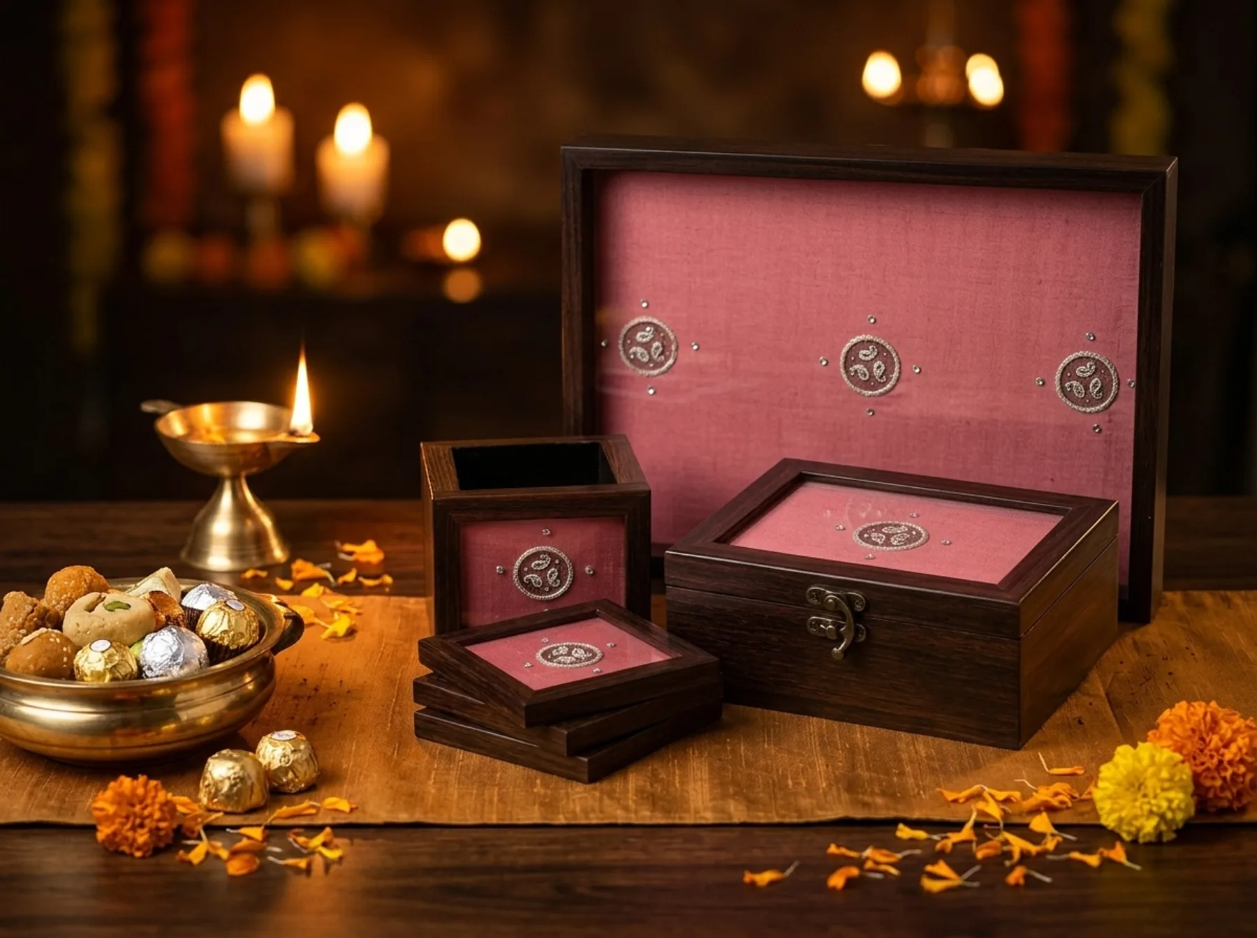 The Gulabi suite laid out on a candlelit table