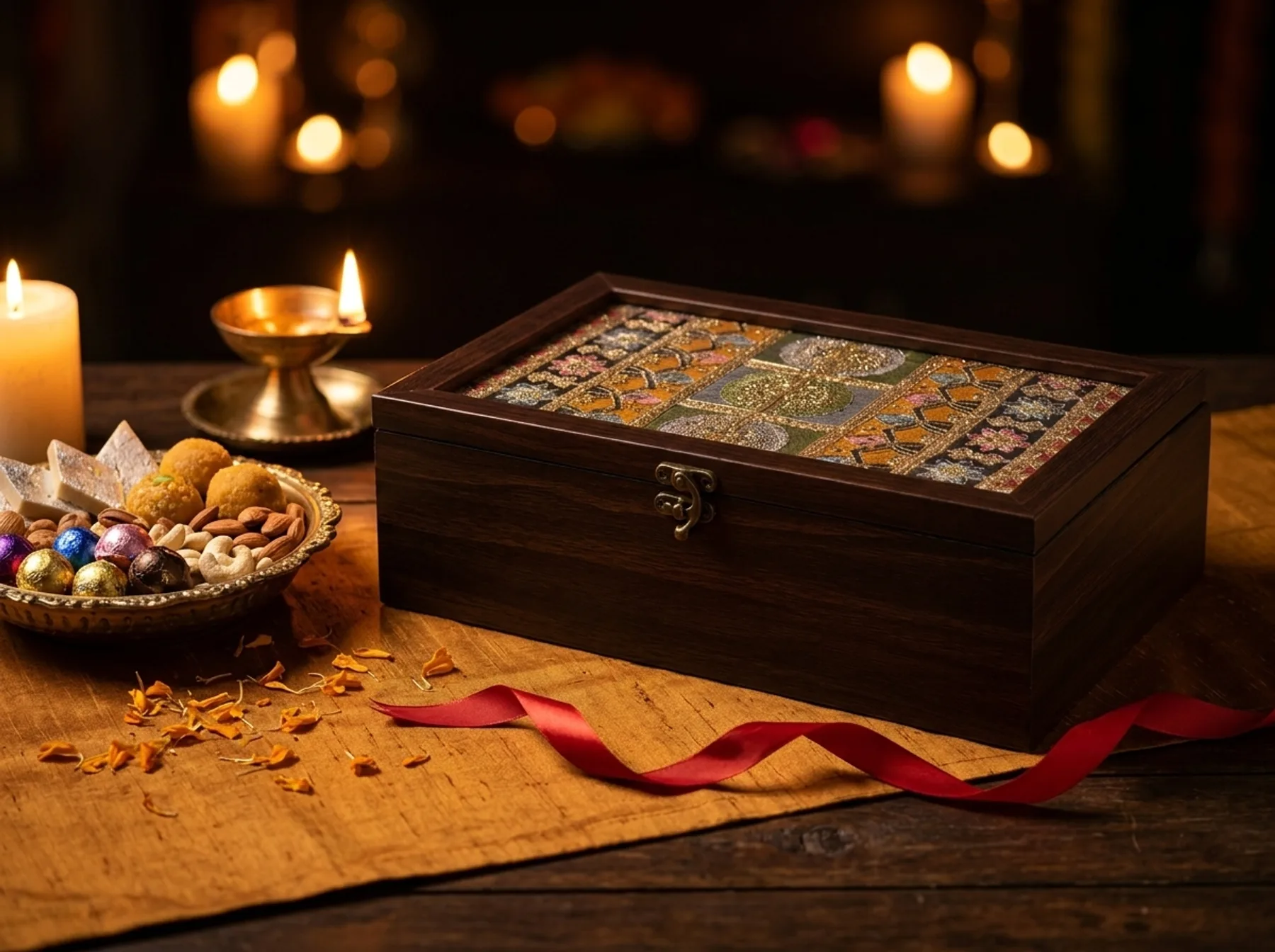 The Mela grand box in zardozi patchwork, ribboned on a candlelit table