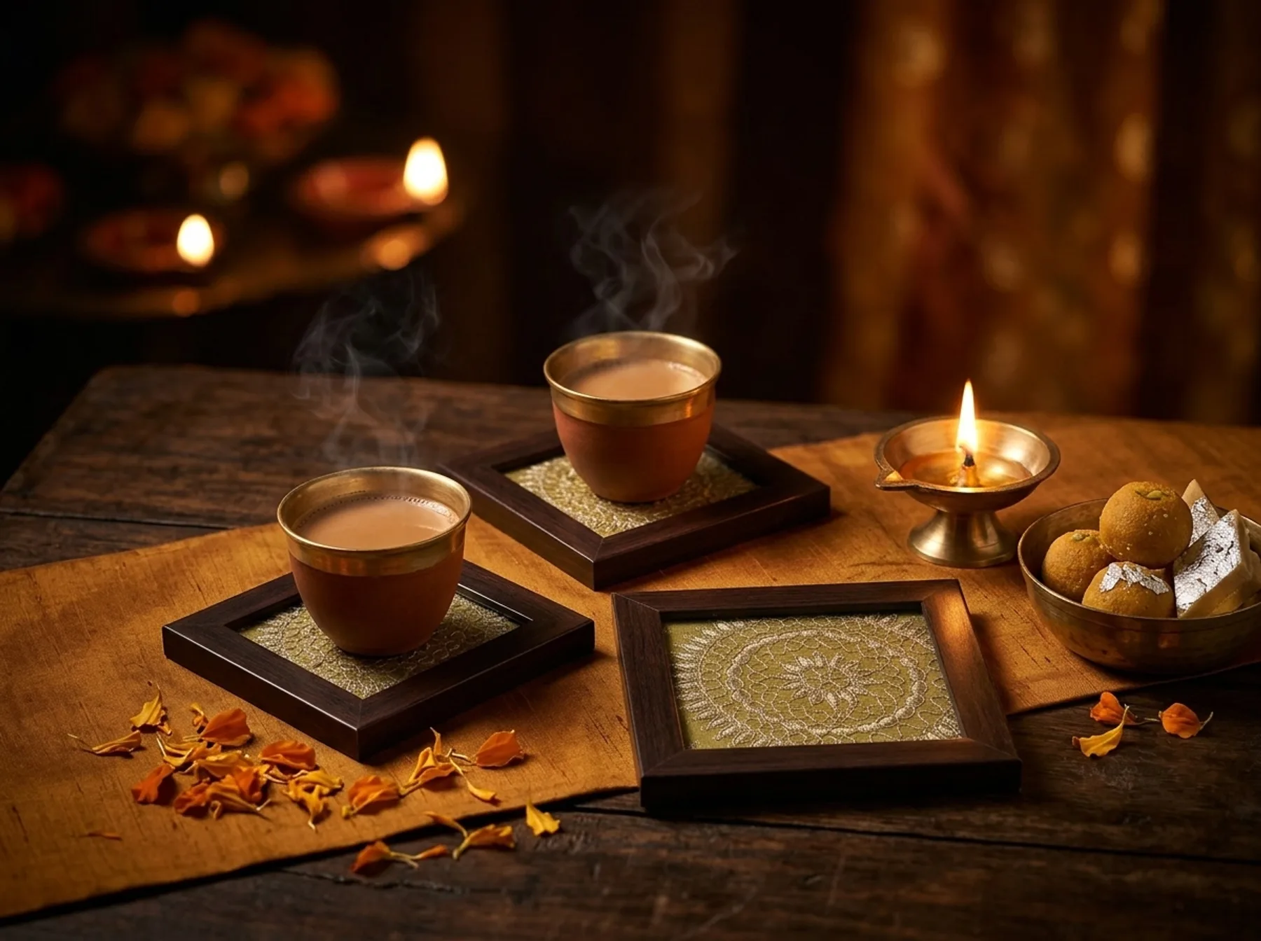 Zar coasters in gold brocade beside a burning diya