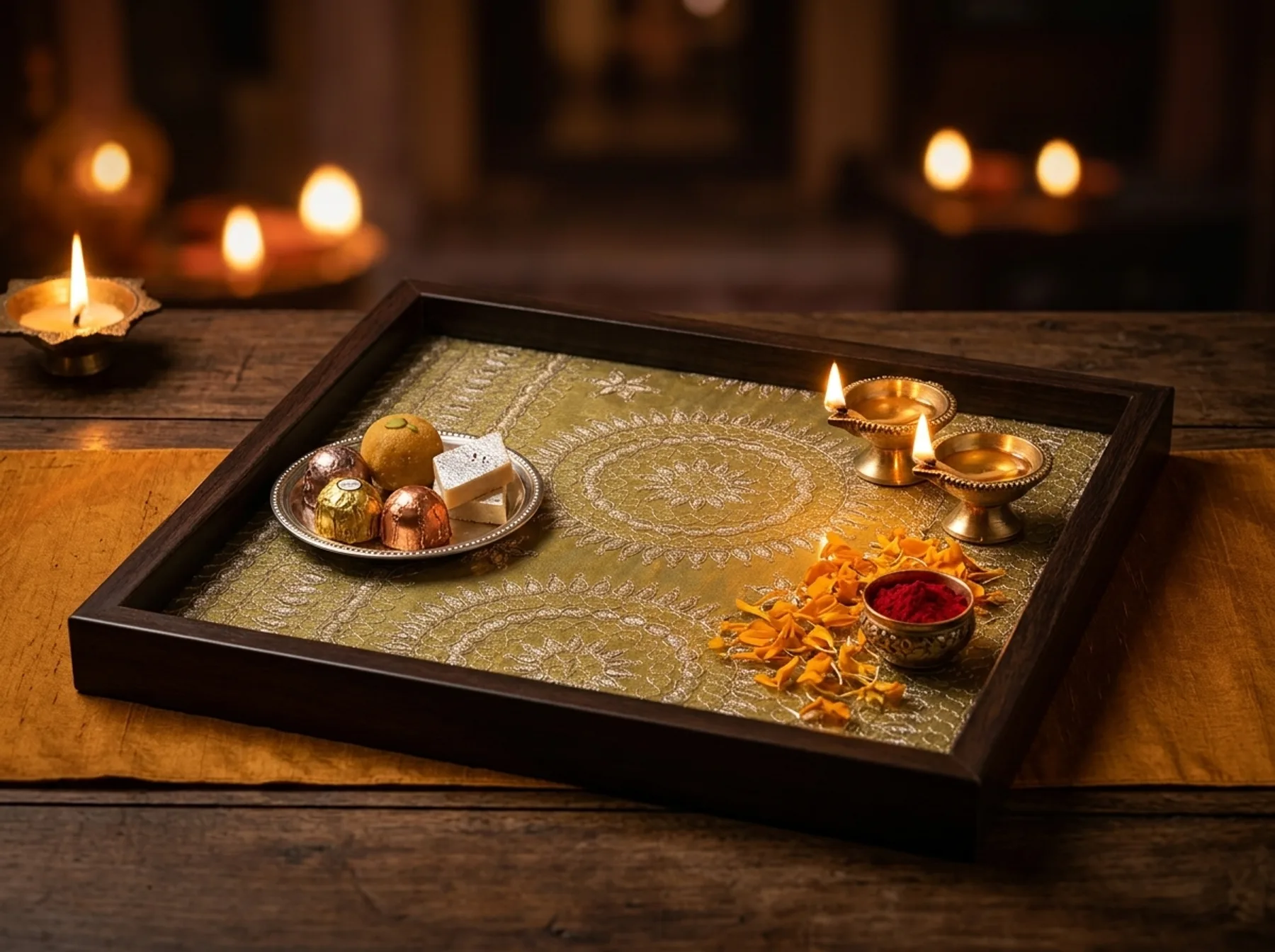 A Zar tray in gold brocade on a candlelit table