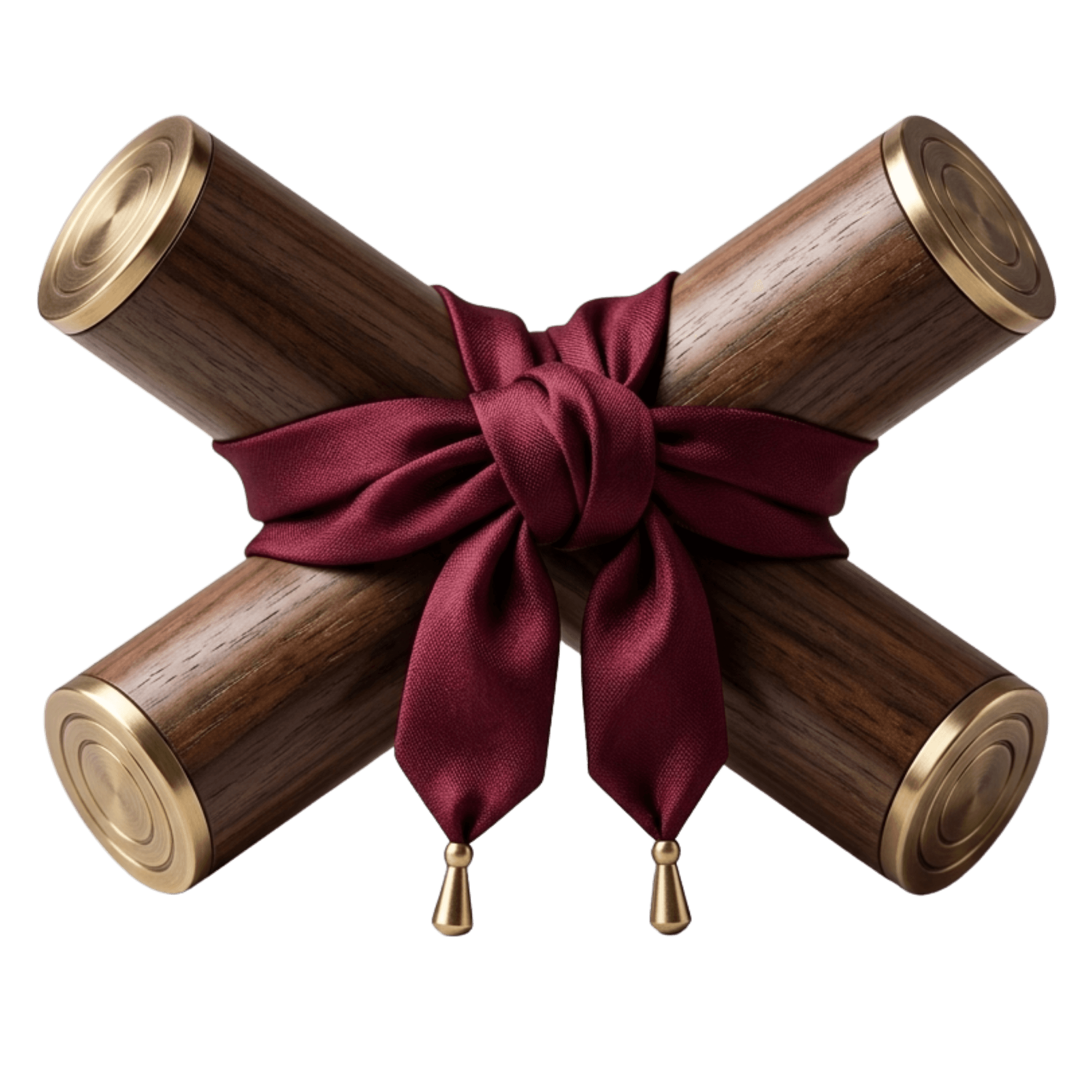 Teaky — crossed walnut keepsakes tied with a maroon ribbon