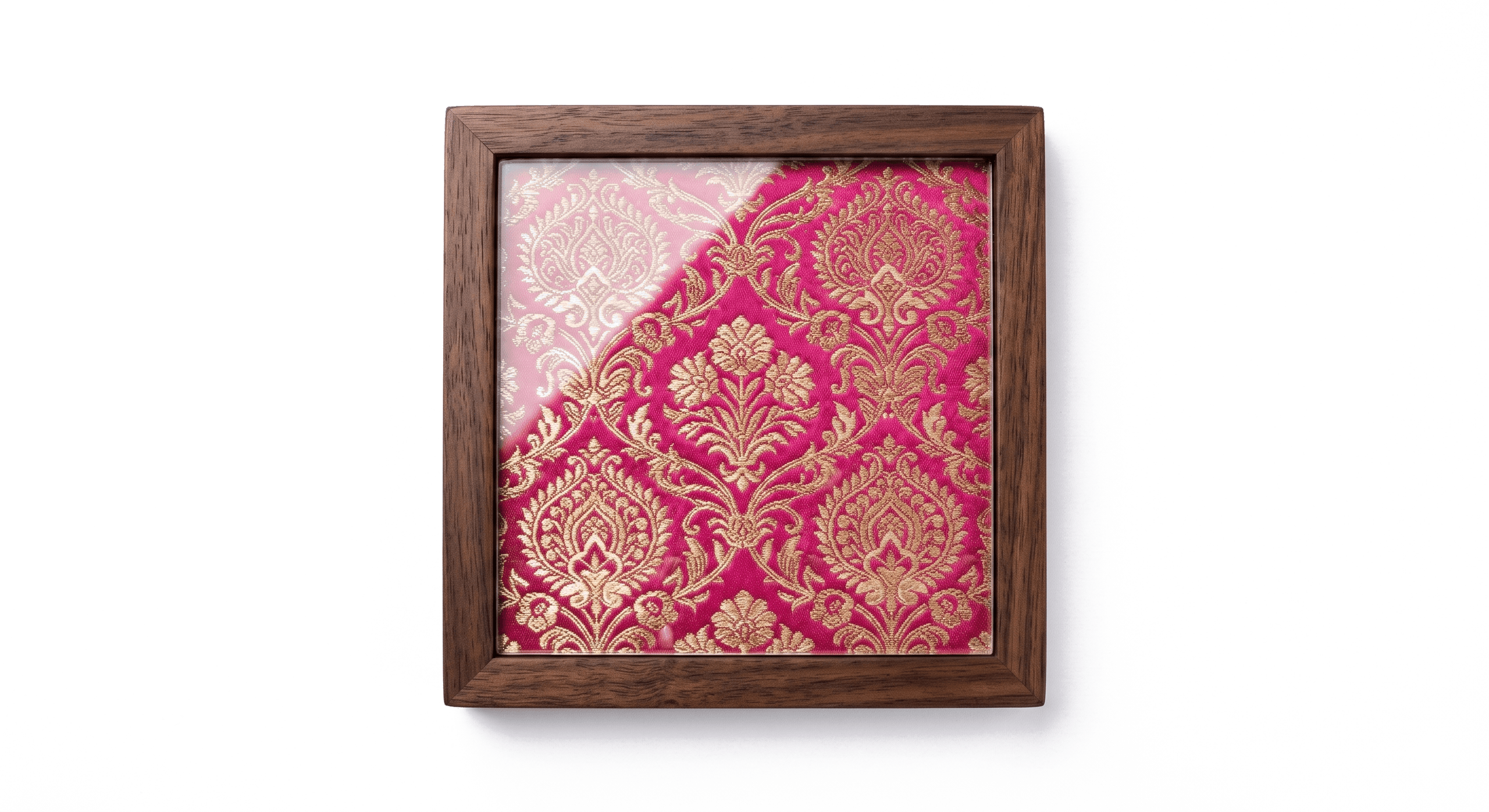 Five-inch coasters in solid wood and glass, each cut from a panel of hand-woven silk.