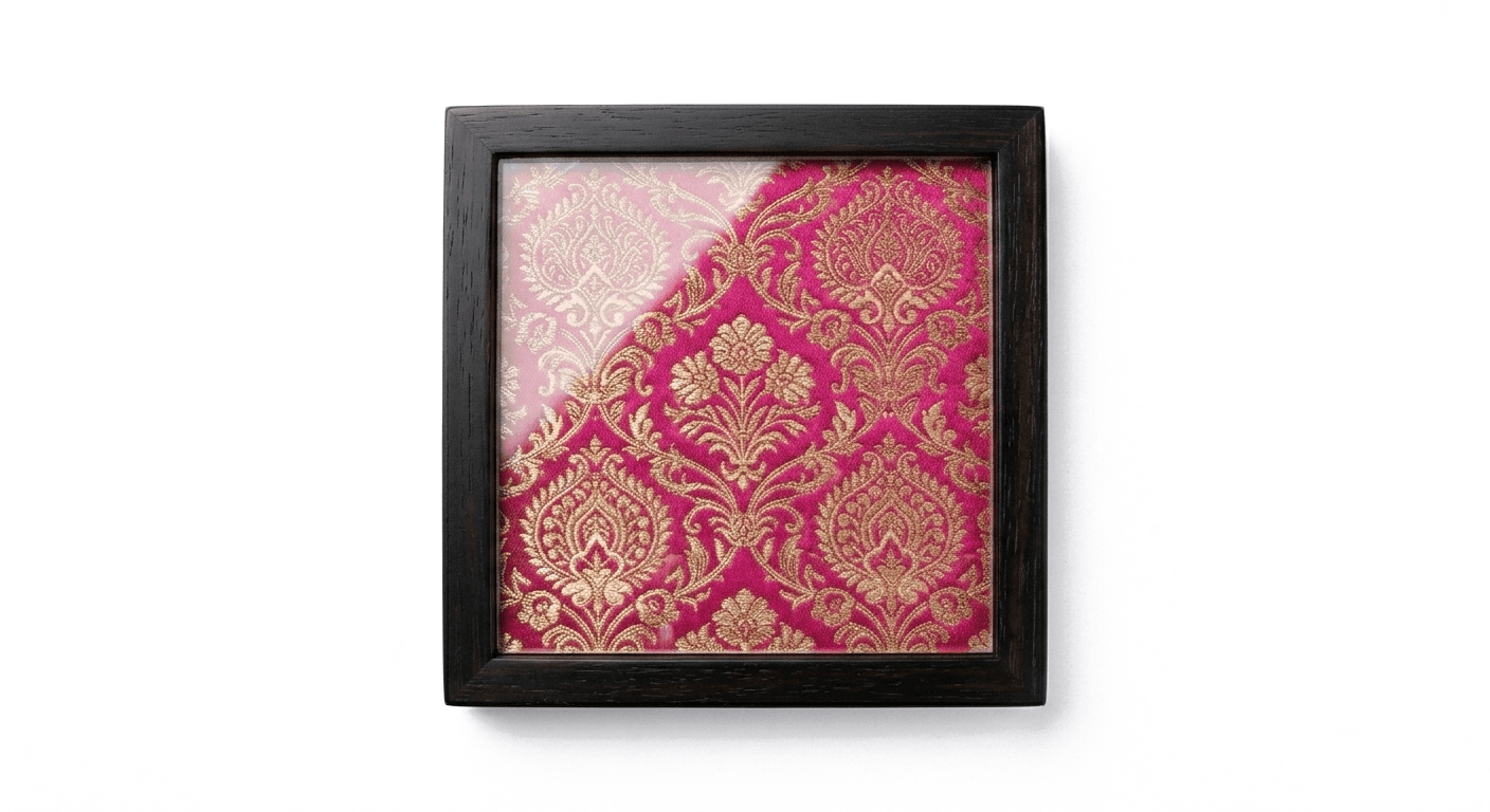 Five-inch coasters in solid wood and glass, each cut from a panel of hand-woven silk.