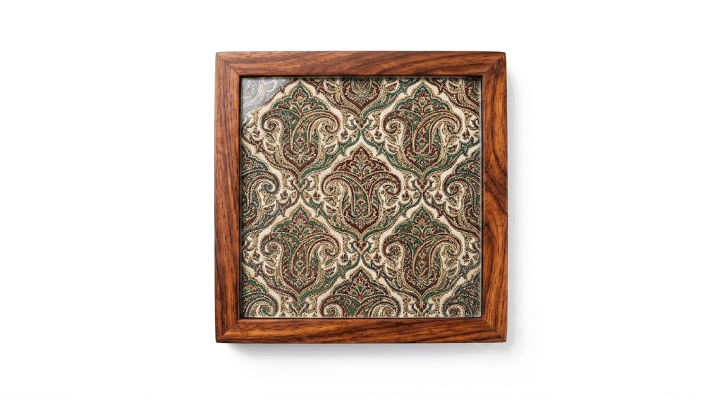 Five-inch coasters in solid wood and glass, each cut from a panel of hand-woven silk.