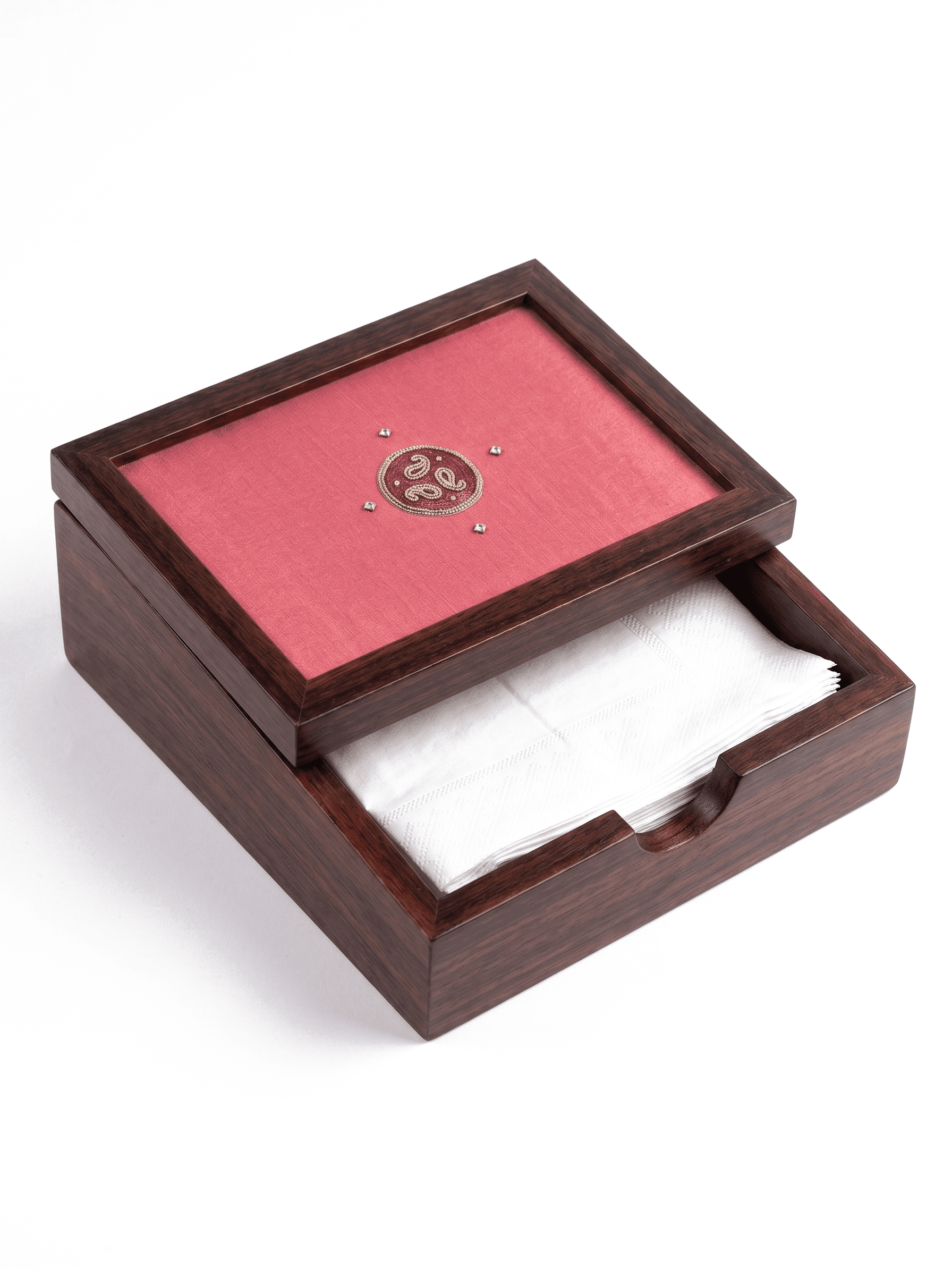 A walnut tissue box holder with a framed textile panel in the lid.
