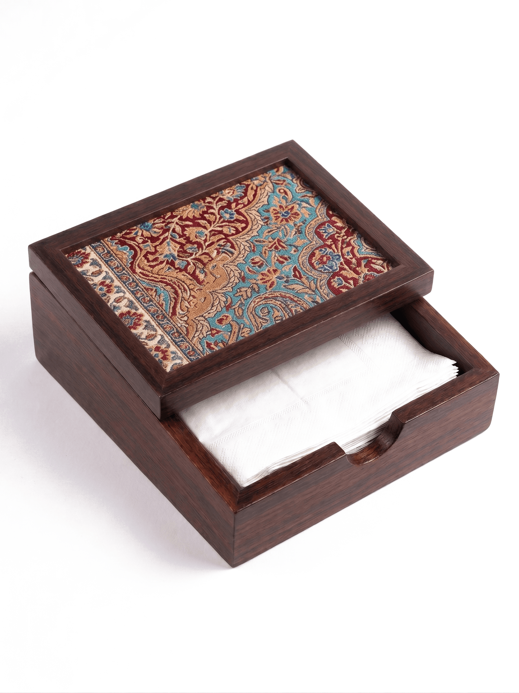 A walnut tissue box holder with a framed textile panel in the lid.