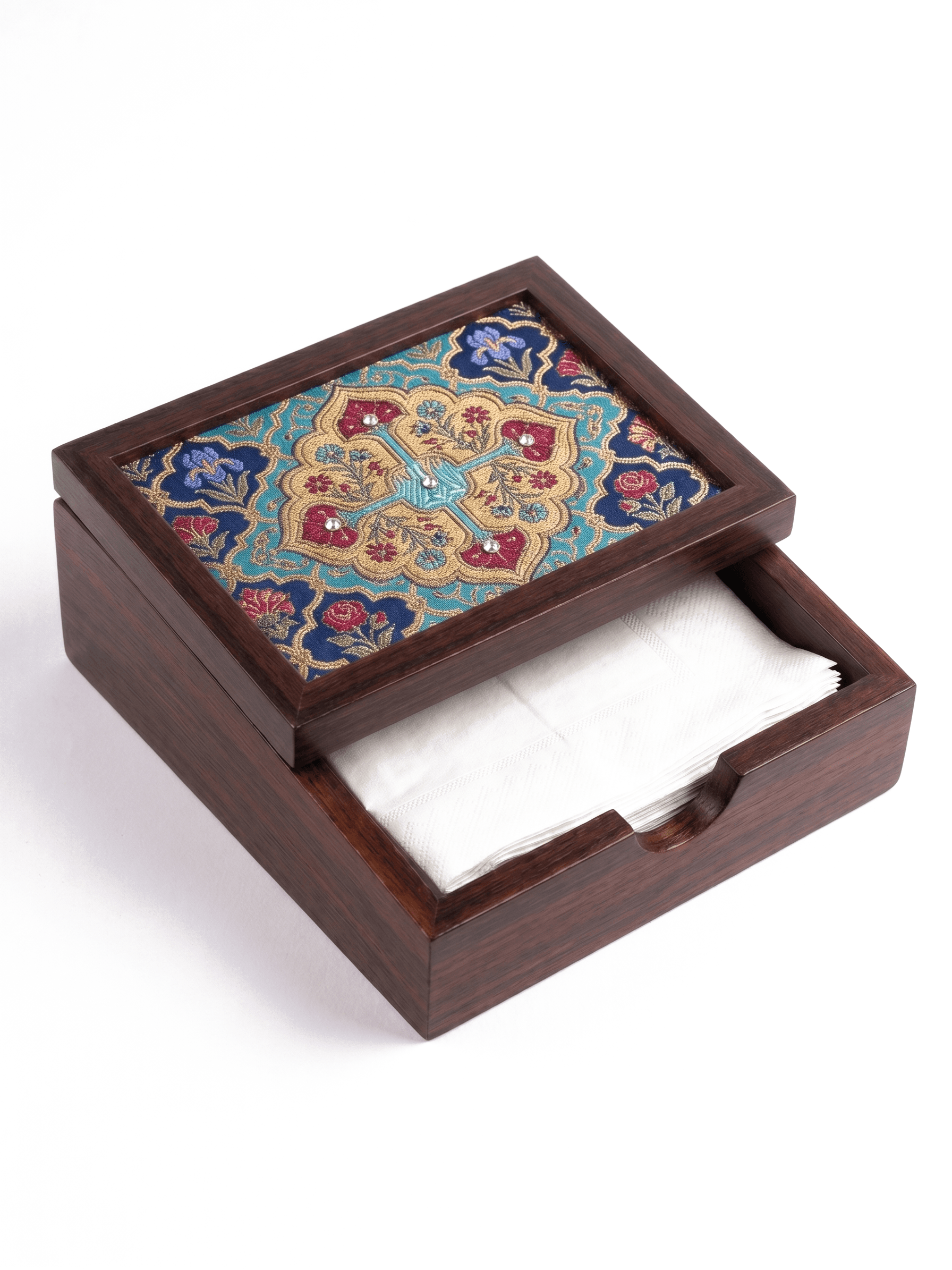 A walnut tissue box holder with a framed textile panel in the lid.