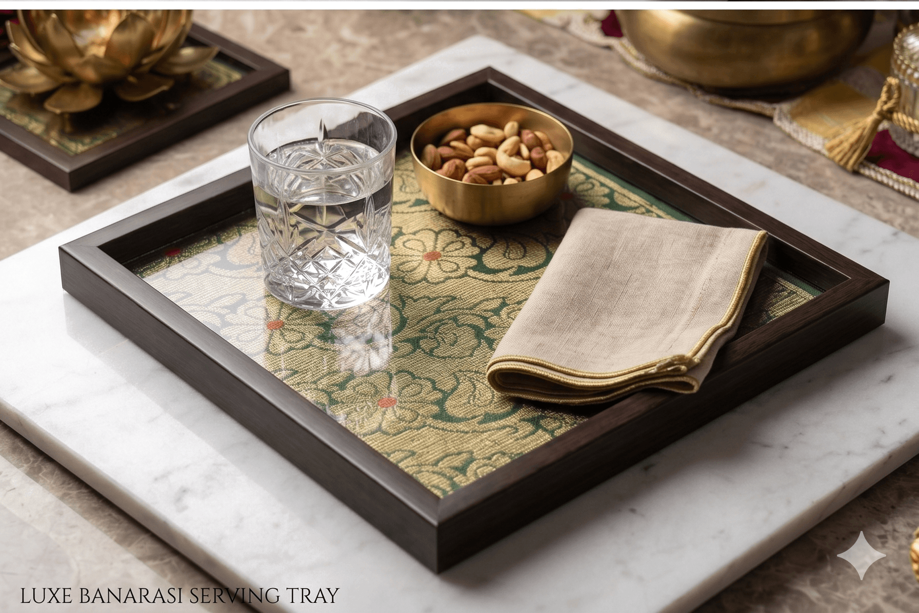 A wide tray for the low table — silk under glass, walnut at the edge.