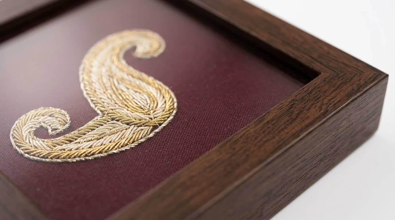 Walnut rebate and glass over a Mughal Garden silk panel — three-quarter view.